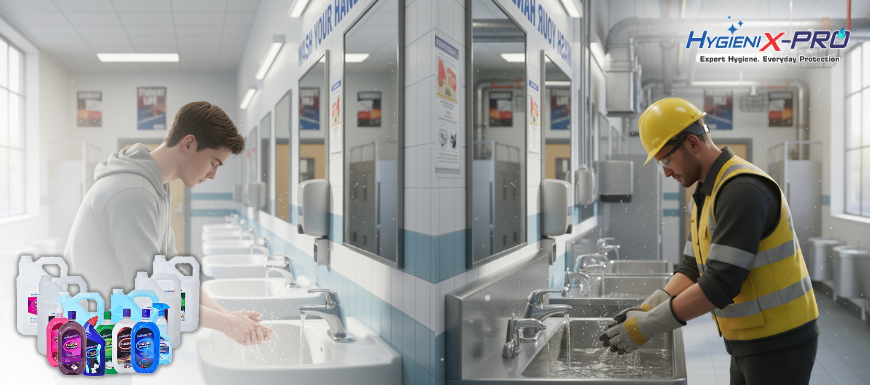 A bottle of Hygienix Pro Hand Wash with a rich lather.