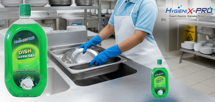 A person washing dishes with a sponge and gel.