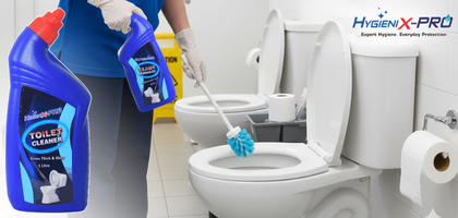 A person cleaning a toilet with a brush.