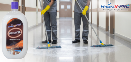 A person mopping a floor with Hygienix Pro Phenyl.