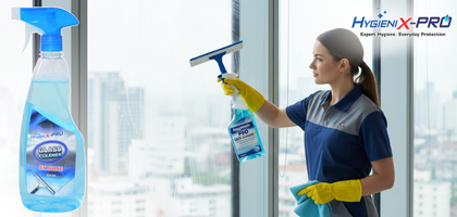 A hand spraying glass cleaner on a window.