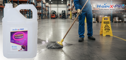 A bucket of water with floor cleaner and a mop.